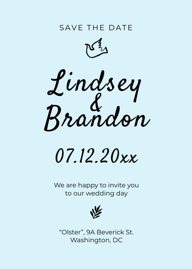 Save the Date and Wedding Event Announcement with Dove Illustration Invitation Design Template