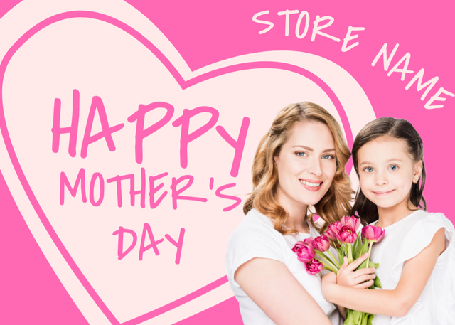 Ontwerpsjabloon van Postcard 5x7in van Mom and Daughter with Floral Bouquet on Mother's Day