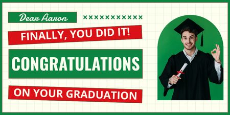 Designvorlage Glücklicher Absolvent mit Diplom auf Grün für Twitter