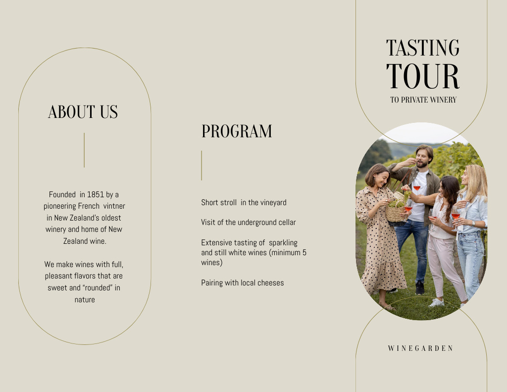 Wine Tasting Announcement with Young People in Garden Brochure 8.5x11in Z-fold Design Template