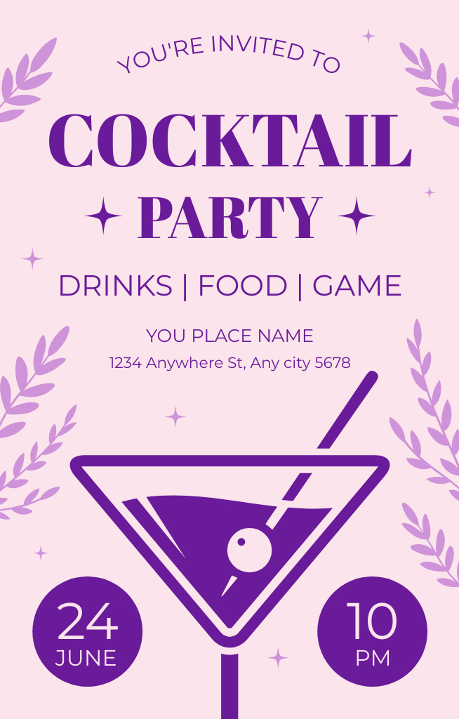 Purple Ad of Cocktail Party Invitation 4.6x7.2inデザインテンプレート