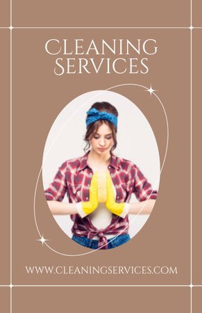 Ontwerpsjabloon van Flyer 5.5x8.5in van Cleaning Services Offer with Girl in Yellow Gloves