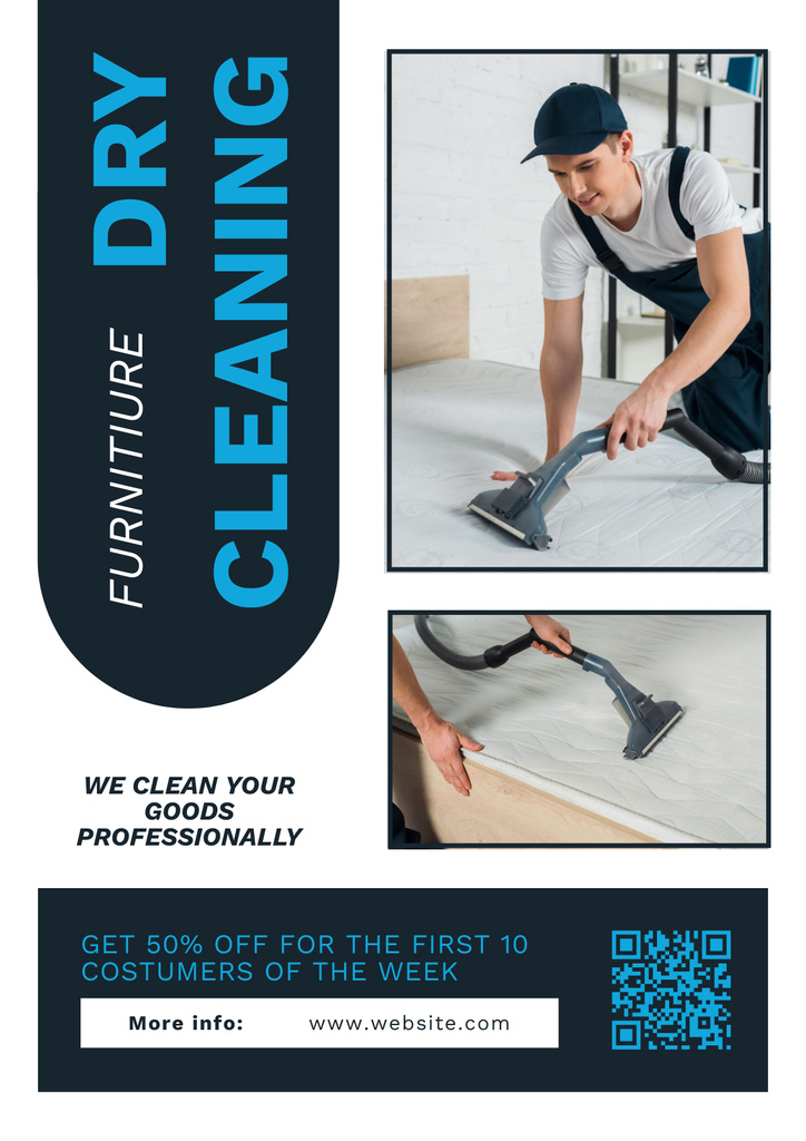 Dry Cleaning Services with Man using Vacuum Cleaner Poster Πρότυπο σχεδίασης