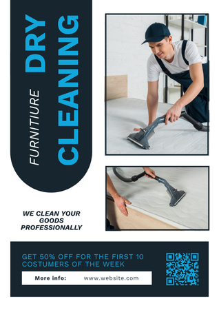 Dry Cleaning Services with Man using Vacuum Cleaner Poster Design Template
