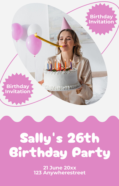 Ontwerpsjabloon van Invitation 4.6x7.2in van Birthday Party with Woman and Birthday Cake