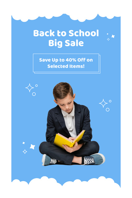 Ontwerpsjabloon van Pinterest van Big Sale on Select Items with Schoolboy and Book