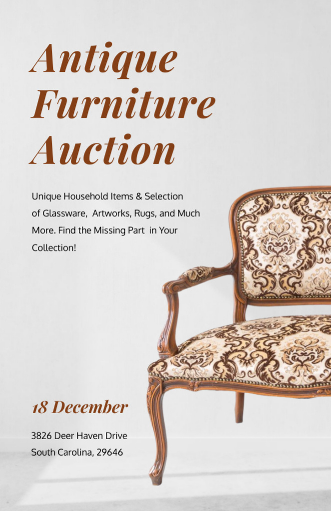 Antique Furniture Auction Ad with Luxury Armchair Flyer 5.5x8.5in Design Template