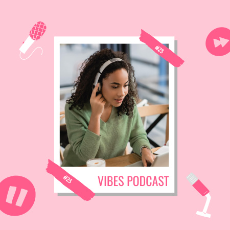 Interesting Vibes Radio Show Episode With Headphones Podcast Cover Design Template