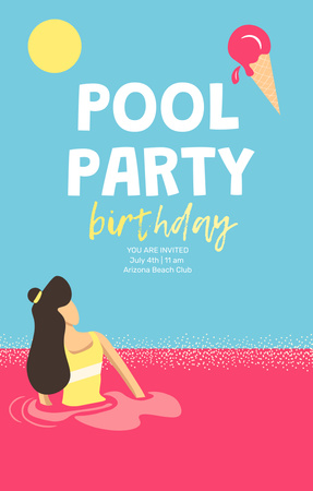 Designvorlage Birthday Party Announcement with Woman in Sweet Pool für Invitation 4.6x7.2in