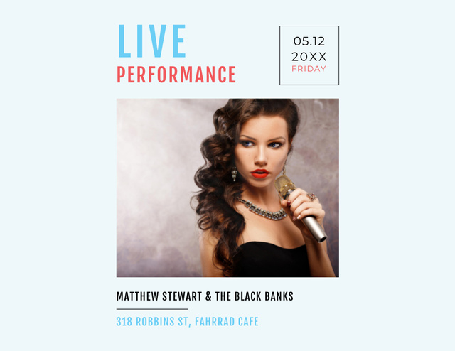 Plantilla de diseño de Live Performance Announcement with Woman Singer Flyer 8.5x11in Horizontal 