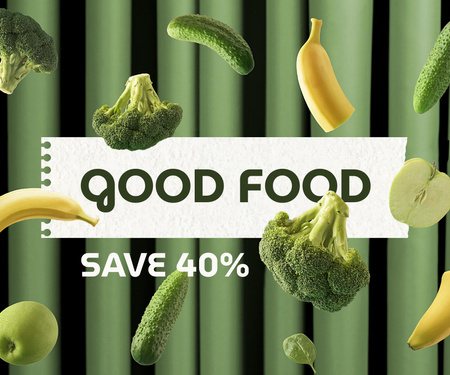 Food Discount Offer with Broccoli and Bananas Large Rectangle Design Template