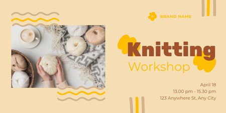 Knitting Workshop Offer With Woman Holding Beige Yarn Twitter Design Template