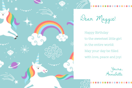 Happy Birthday Greeting with Magical Unicorns Postcard 4x6in Design Template