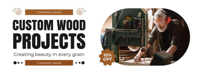 Ontwerpsjabloon van Facebook cover van Custom Wood Projects Ad with Mature Carpenter working in Workshop