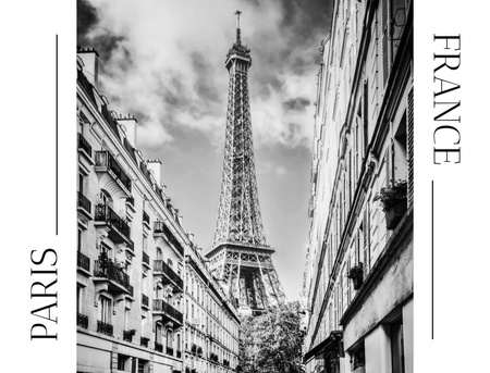 Plantilla de diseño de Paisaje urbano en blanco y negro de París con la Torre Eiffel Postcard 4.2x5.5in 