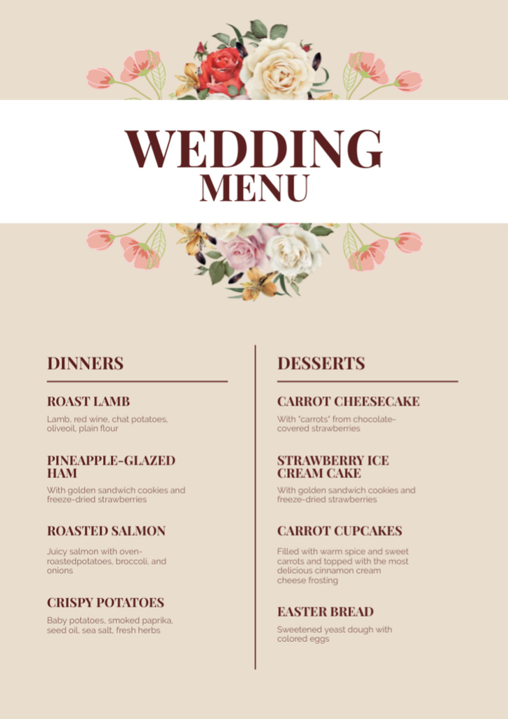 Ivory Wedding Dishes List with Roses Menu Πρότυπο σχεδίασης