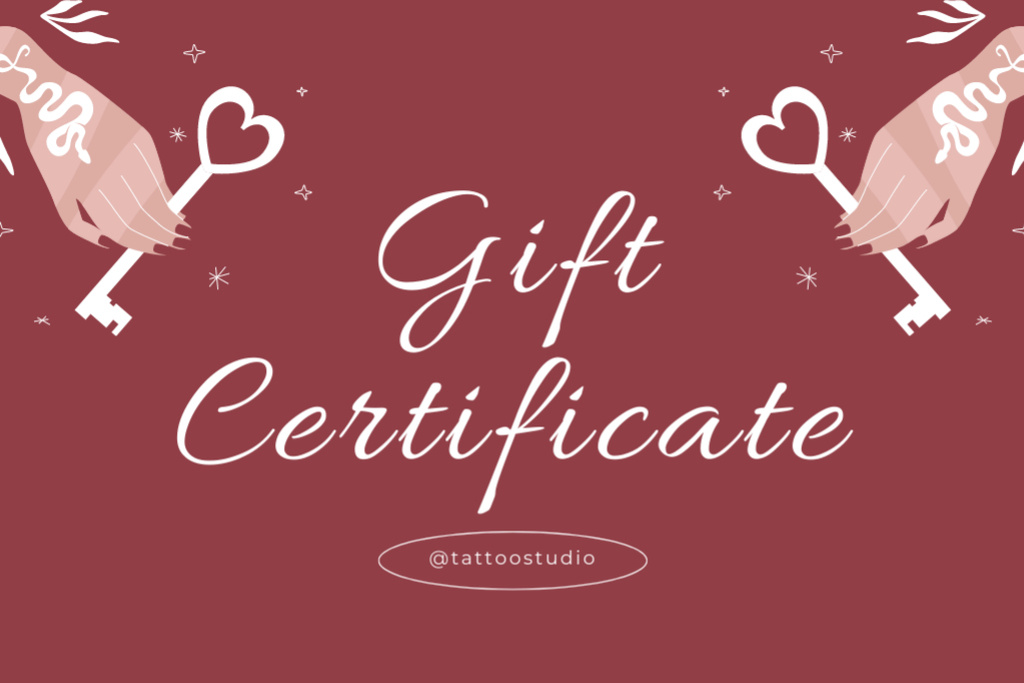 Ontwerpsjabloon van Gift Certificate van Heart Shaped Keys And Tattoo Studio Promotion