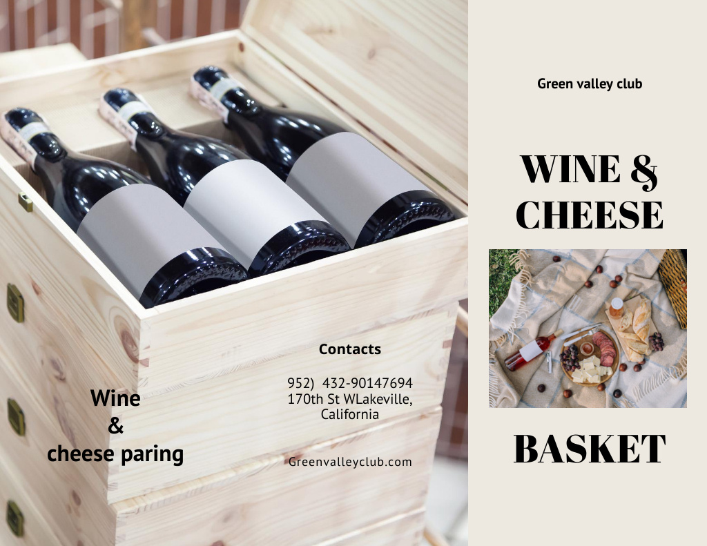 Plantilla de diseño de Wine Tasting Announcement with Bottles and Cheese Brochure 8.5x11in 