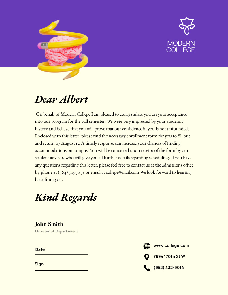 Plantilla de diseño de Modern College Welcome Letter To Student Letterhead 8.5x11in 