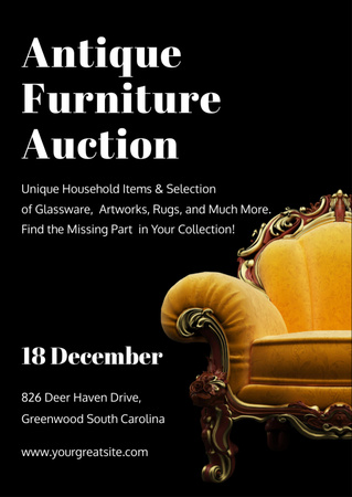 Antique Furniture Auction Ad with Luxury Yellow Armchair Flyer A6 Πρότυπο σχεδίασης