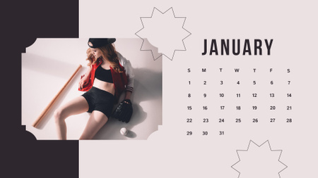 Ontwerpsjabloon van Calendar van jonge vrouw met honkbalknuppel