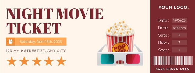 Ontwerpsjabloon van Ticket van Invitation to View 3D Movie with Popcorn