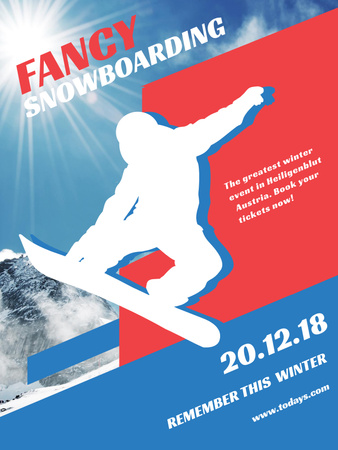 Plantilla de diseño de Snowboard Event announcement Man riding in Snowy Mountains Poster US 