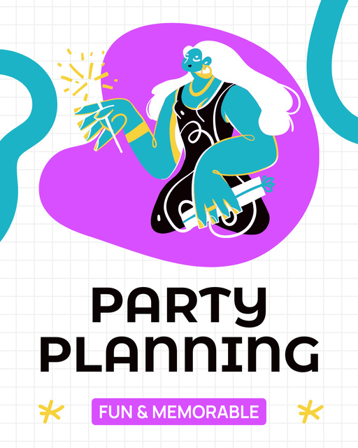 Party Planning Services with Funny Cartoon Woman Instagram Post Vertical tervezősablon