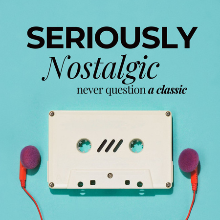 Designvorlage Musikalisches Zitat mit Tonbandkassette und Kopfhörer für Instagram