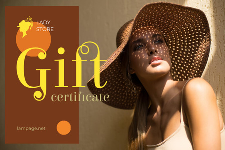 Ontwerpsjabloon van Gift Certificate van Clothes Store Ad with Attractive Woman in Sunhat