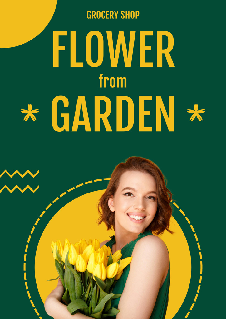 Plantilla de diseño de Flower Store Advertisement with Smiling Woman Holding Bouquet of Tulips Poster 