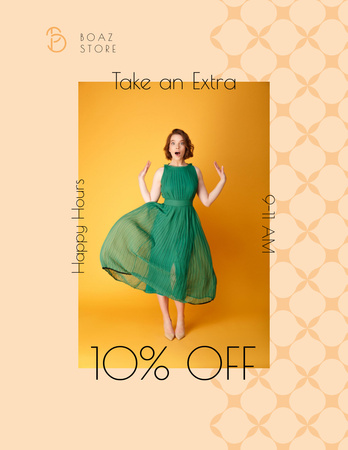 Best Offers from Fashion Shop with Woman in Green Dress Flyer 8.5x11in Design Template