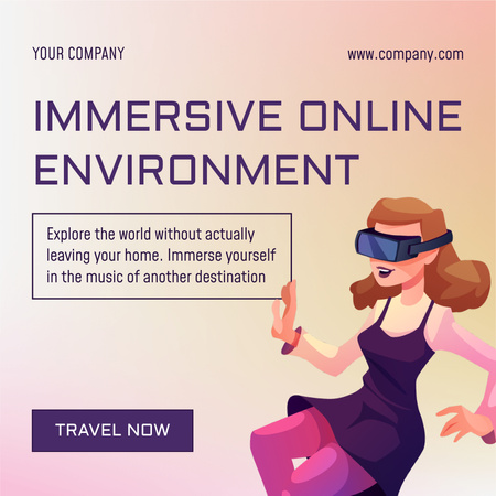 Immersive Virtual Reality Ad with Woman Traveling Online Instagramデザインテンプレート