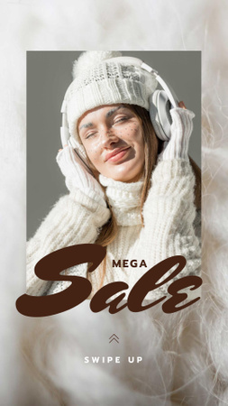Plantilla de diseño de Sale Offer Girl in Headphones and Cozy Knitwear Instagram Story 