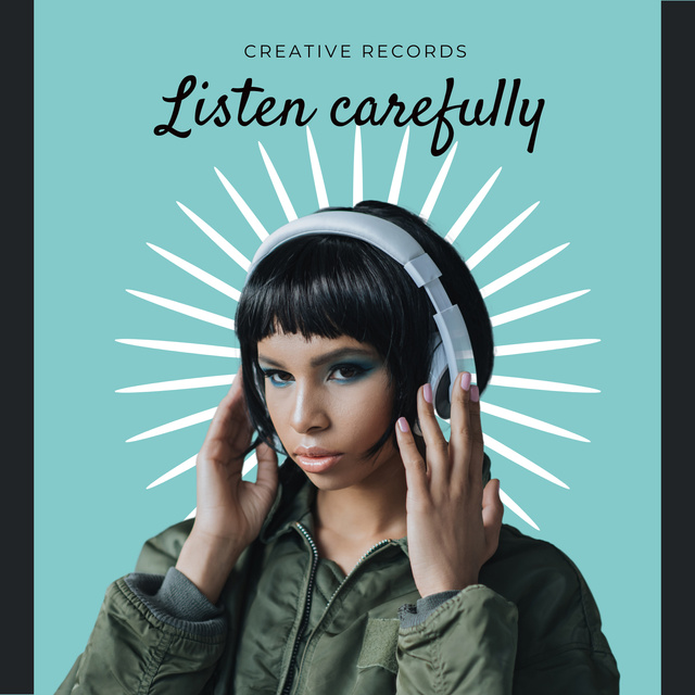 Music Album Promotion with Girl in Headphones Album Cover Design Template