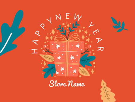 Plantilla de diseño de Celebración de feliz año nuevo con presente y hojas Postcard 4.2x5.5in 