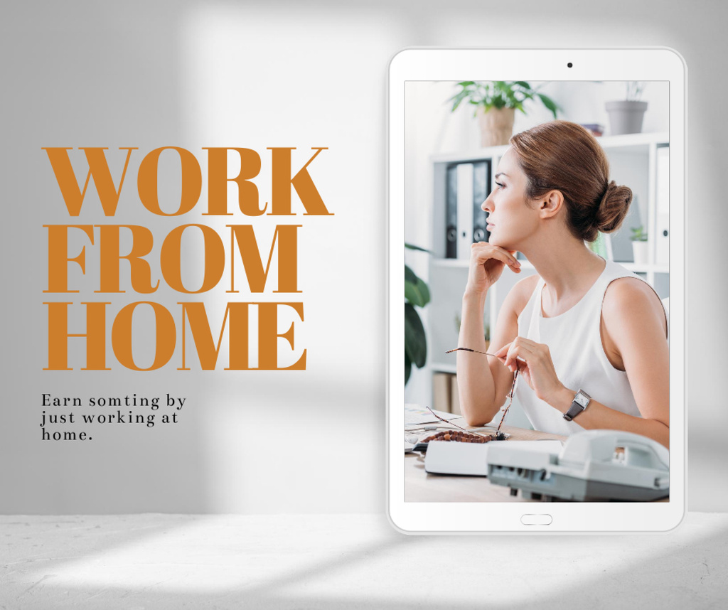 Woman works from home online Facebook Design Template