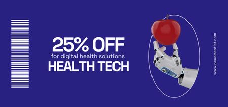 Robot Holding Apple And Announcement Of Discounts For Health Hi-tech Coupon Din Large Design Template