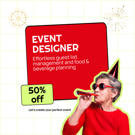 Event Designer Services Ad with Funny Old Woman Animated Post Design Template