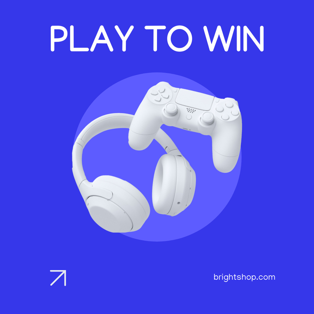 Gaming Gear Ad with Headphones and Console in Blue Instagram ADデザインテンプレート