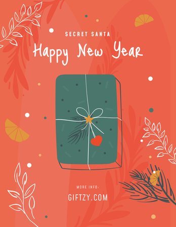New Year Holiday Greeting with Gift Box in Red Poster 8.5x11in Design Template