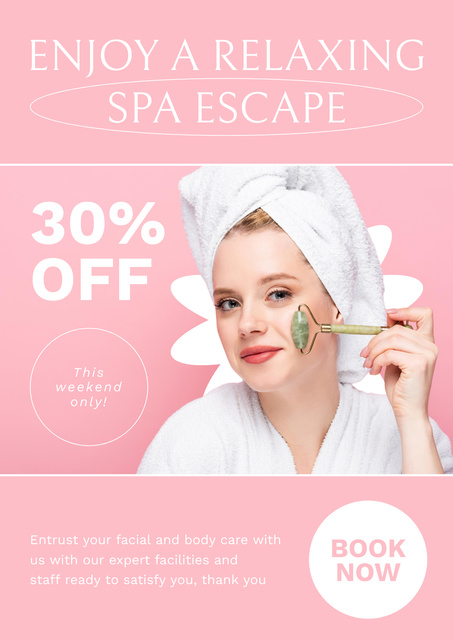 Spa Center Advertising with Woman Using Jade Roller Poster Design Template