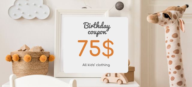 Szablon projektu Kids' Clothing Offer on Birthday with Cute Giraffe Coupon 3.75x8.25in