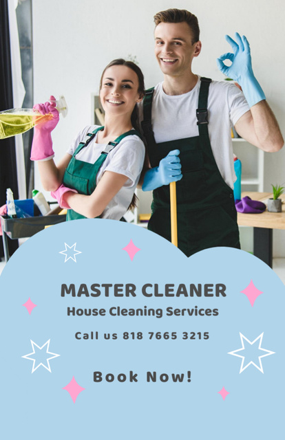 Template di design Qualified House Cleaning Service Ad with Smiling Team Flyer 5.5x8.5in