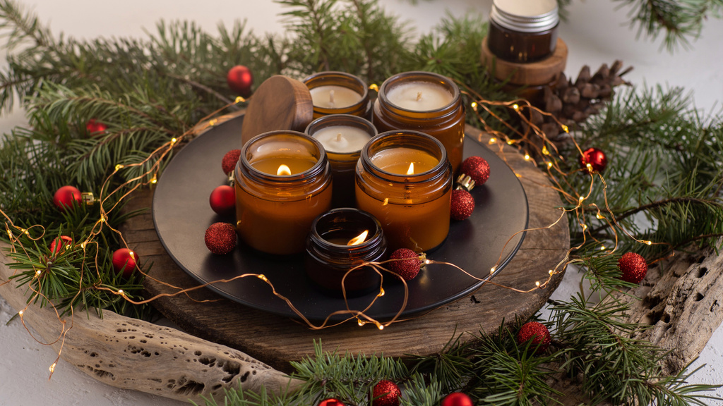 Aroma Candles on Stand with Christmas Decor Zoom Background tervezősablon
