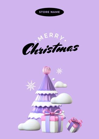 Christmas Cheers with Tree and Presents in Purple Postcard A6 Verticalデザインテンプレート