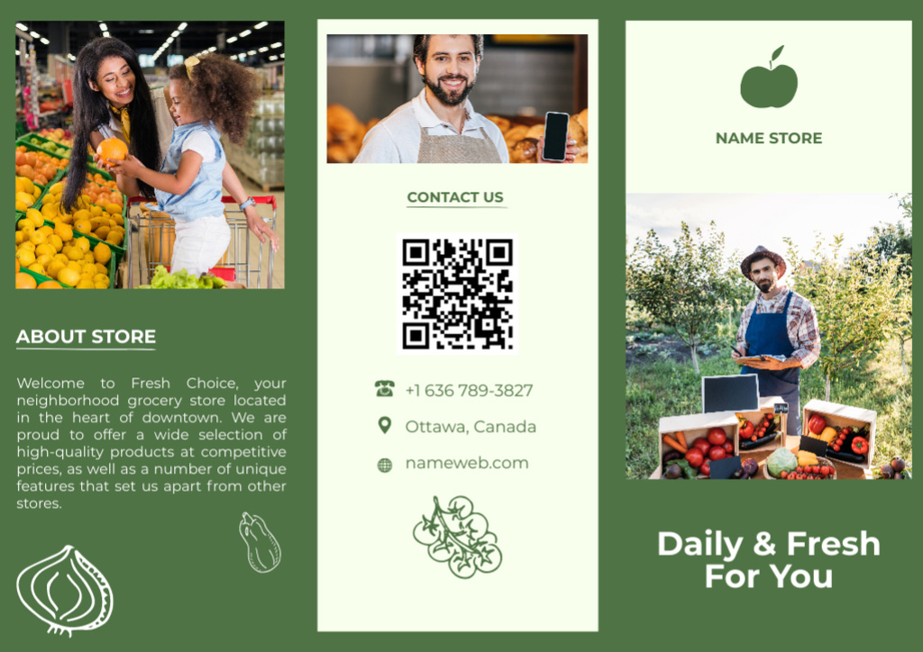Fresh and Daily Groceries With Farm And Supermarket Brochure Modelo de Design