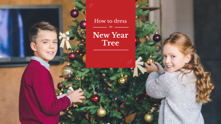 新年の木を飾る子供たち Presentation Wideデザインテンプレート