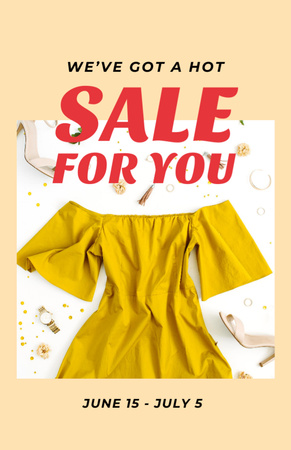 Ruhakiárusítás elegáns sárga női ruhával Flyer 5.5x8.5in tervezősablon