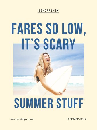 Template di design Saldi estivi con donna con tavola da surf sulla spiaggia Poster US